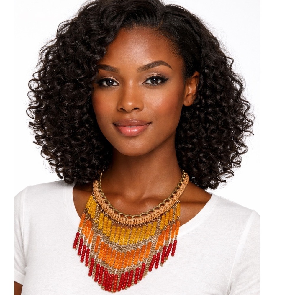 Anthropologie Boho Beaded Bib Necklace Sunset Orange Red Gold Tone Fringe 103-07